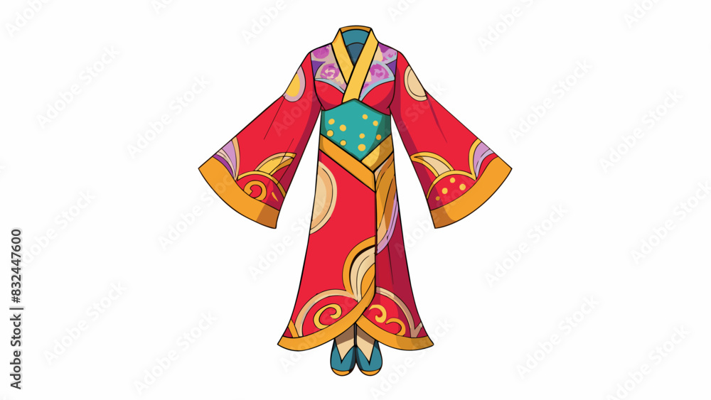 Poster eastern fashion a flowing silk kimono with vibrant patterns and colors paired with delicate sandals 