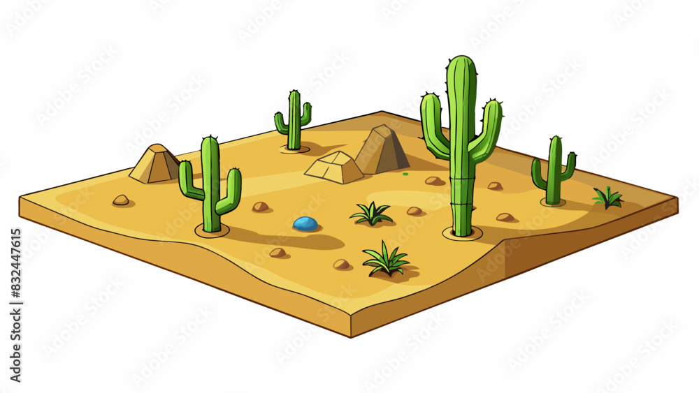 Poster envision a vast sandy desert that stretches as far as the eye can see. the scorching sun beats down 