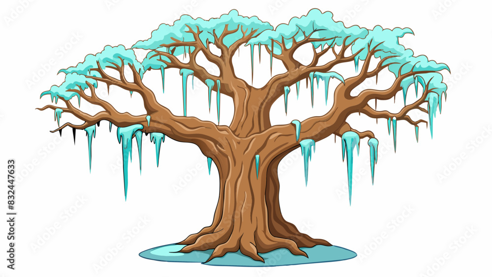 Aufkleber During the winter the branches of the old oak tree would occasionally be adorned with glistening icicles. They sparkled in the sunlight adding a touch. Cartoon Vector.
