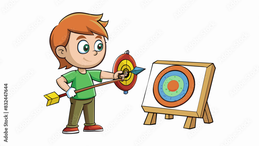 Poster eye on the prize a young child holding a slingshot taking aim at a homemade cardboard target decorat