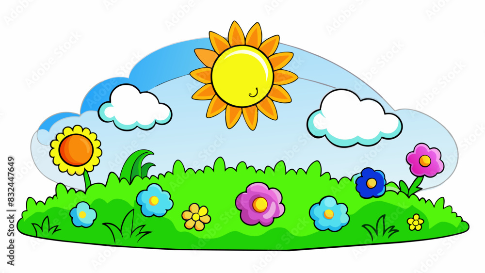 Poster expecting a sunny day a blue sky with fluffy white clouds floating by. the sun is shining brightly c