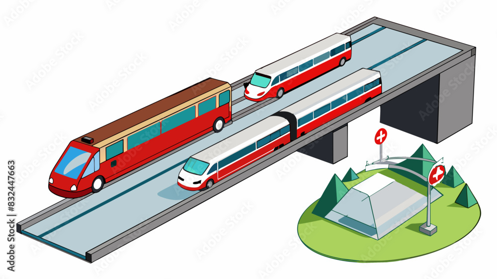 Poster Efficient Transport Observe the convenience of Switzerlands transportation system with its sleek trains and buses running like clockwork. The stations. Cartoon Vector.