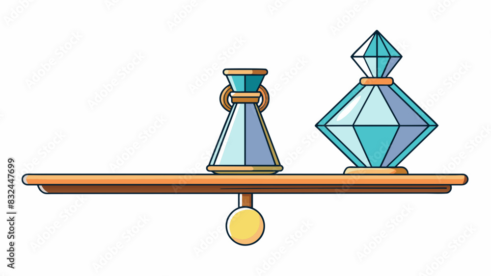 Poster Gently placing a crystal vase on a sy shelf making sure to balance it perfectly to prevent it from toppling over. The vase is characterized by its. Cartoon Vector.