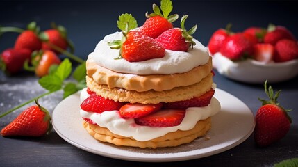 close up of cake with strawberries and cream; photo of plate with homemade pancakes decorated with whipped cream