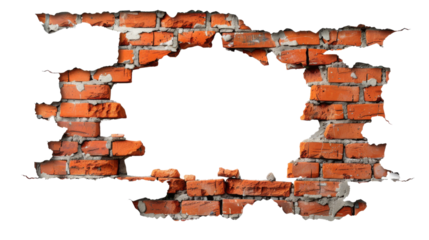 Hole breaking through a red brick wall