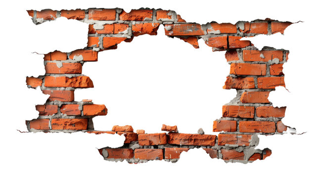 Hole breaking through a red brick wall