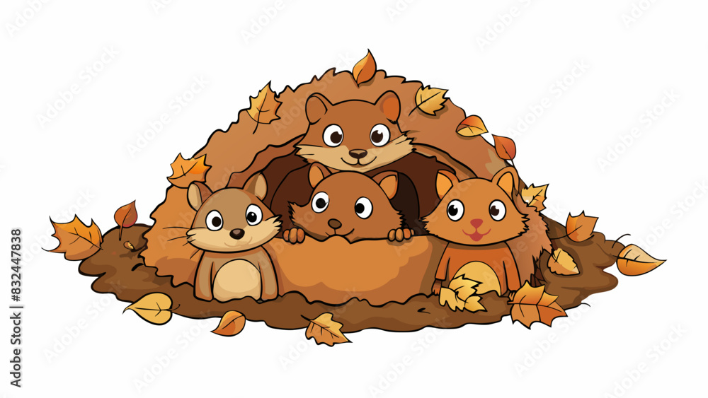 Poster hidden beneath a pile of fallen leaves a cozy burrow housed a family of squirrels. the intricate str