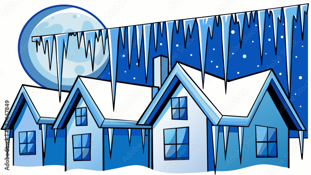 Poster icicles hanging from the rooftops sparkling in the moonlight and reflecting different shades of blue