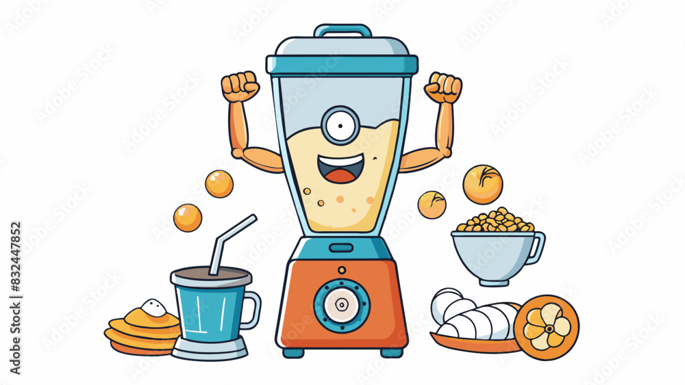 Poster Imagine a blender whirring and churning ingredients to create a smooth consistent mixture this is similar to how the stomach mixes and churns food. Cartoon Vector.