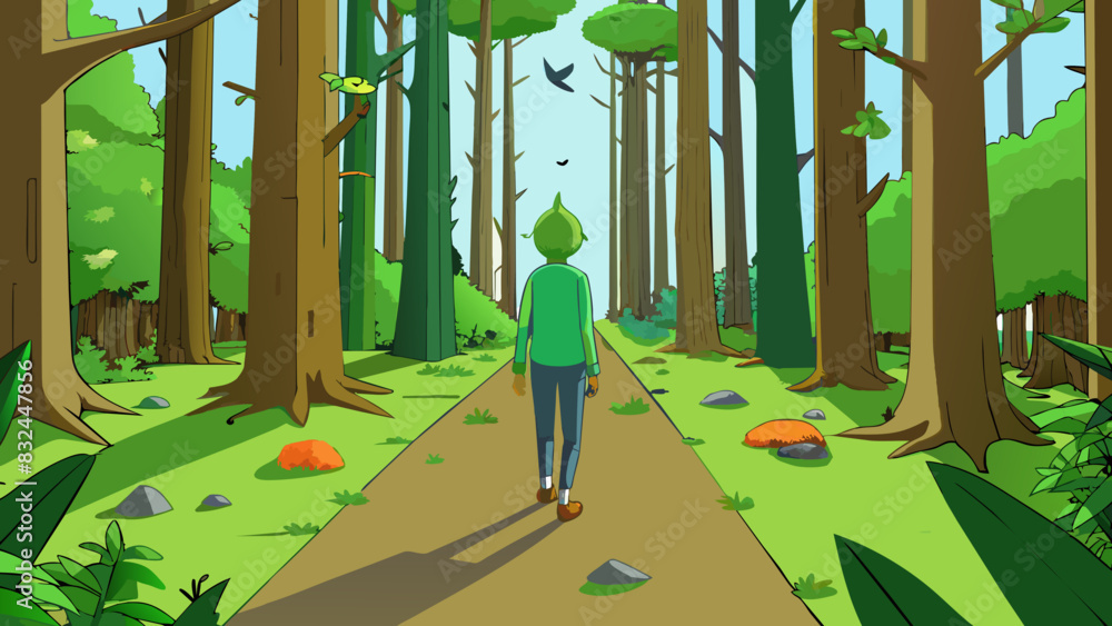 Poster Imagine walking through a dense forest with towering trees surrounding you and a carpet of vibrant green moss under your feet. The air is alive with. Cartoon Vector.