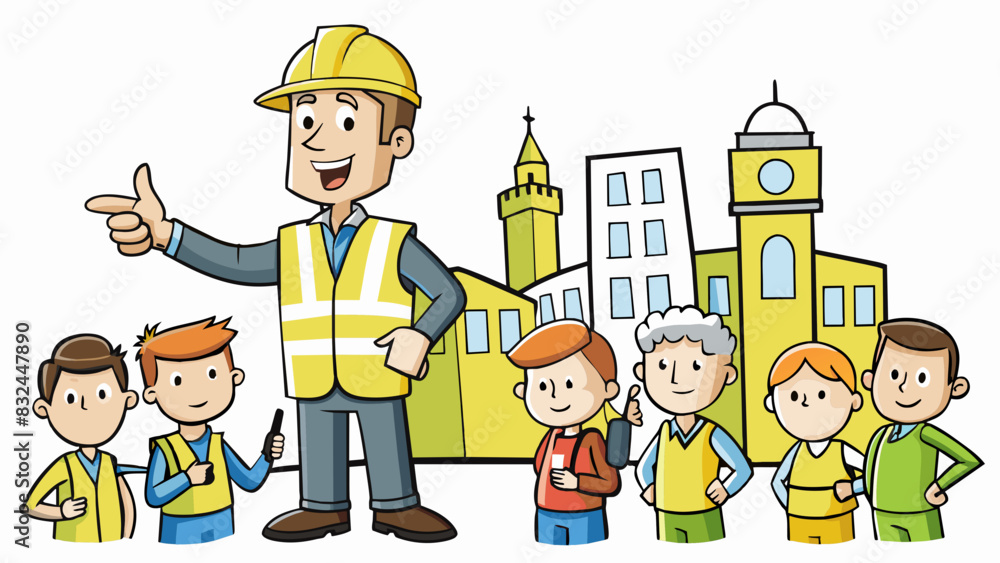 Poster in a bustling city a guide is dressed in a bright yellow vest holding a map and a microphone. they l