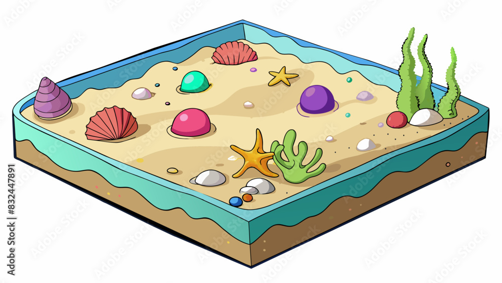 Poster In a body of water a bottom refers to the deepest part of the lake or ocean covered in soft sand and dotted with colorful shells and pebbles.. Cartoon Vector.