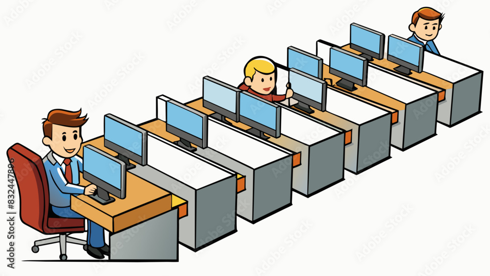 Poster In a bustling office a neat row of identical cubicles stretch across the room each housing a desk computer and diligent worker.. Cartoon Vector.