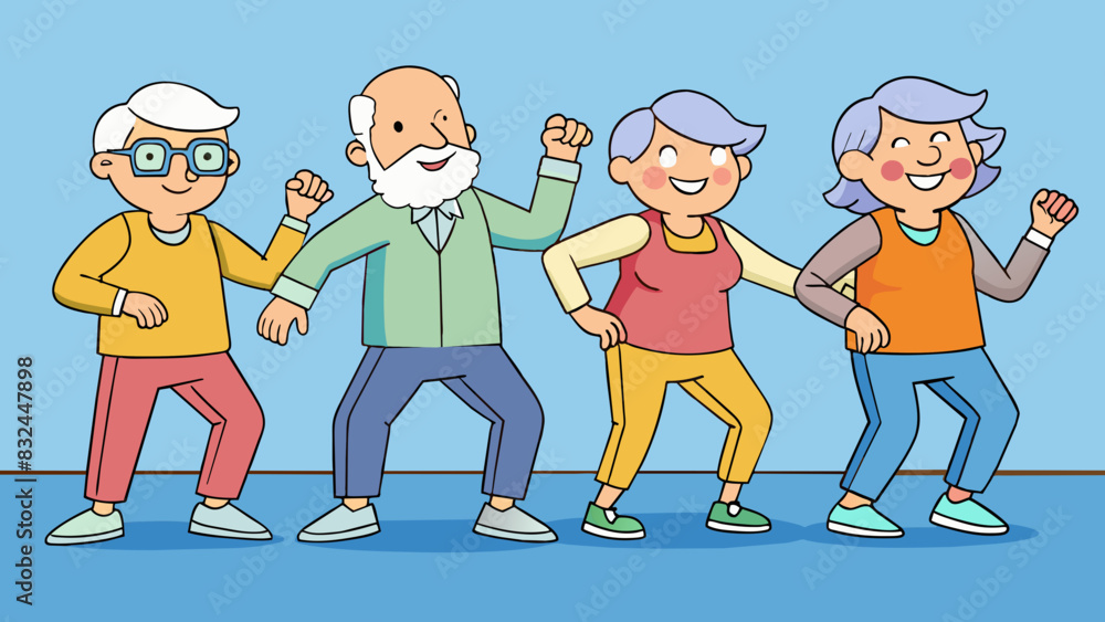 Poster in a community center a group of seniors is participating in a dance class. they are all dressed in 