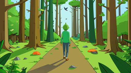 Fototapeta premium Imagine walking through a dense forest with towering trees surrounding you and a carpet of vibrant green moss under your feet. The air is alive with. Cartoon Vector.