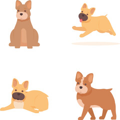 Set of cute cartoon dogs sitting, running, and lying down