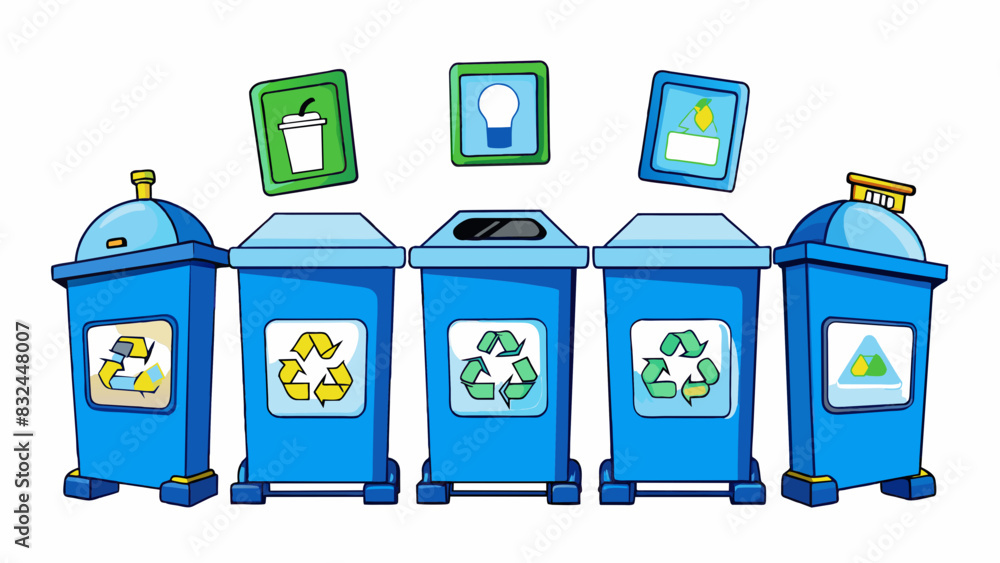 Poster in a park a series of blue recycling bins are labeled with pictures and symbols representing differe