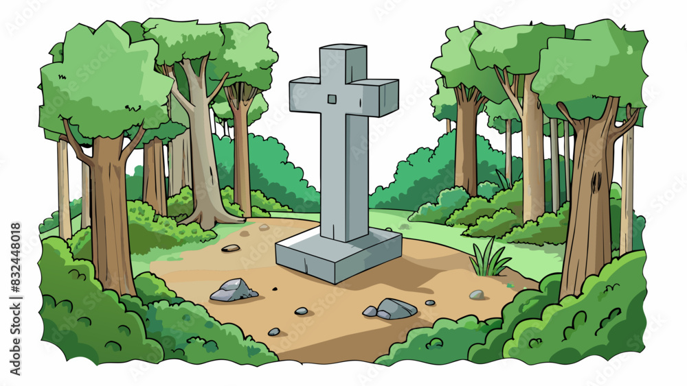 Poster in a quiet forest a cross made of roughhewn stone stands surrounded by tall trees. moss and lichen c