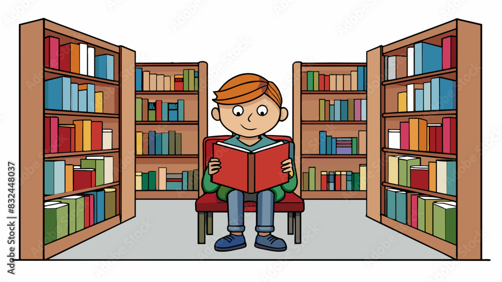 Poster in a quiet corner of a library a writer can be spotted surrounded by towering bookshelves. they are 