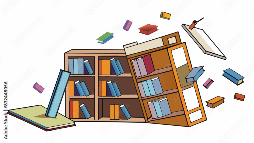 Poster In a school library a shelf that holds books suddenly collapses sending books flying across the room. The shelfs exception is its weak structure. Cartoon Vector.