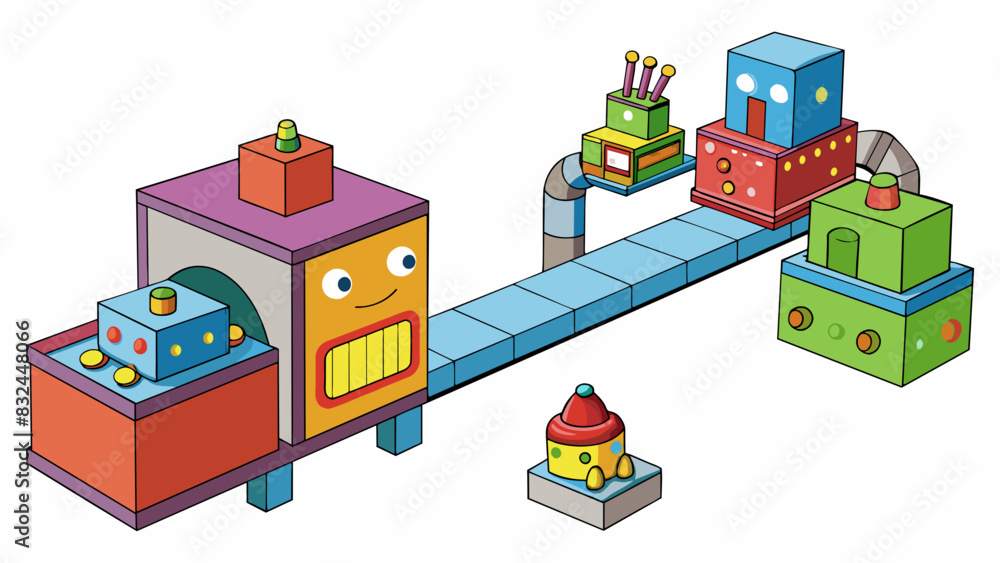 Poster In a toy factory a machine that is supposed to wrap each toy in a plastic cover suddenly malfunctions causing the toys to be exposed to the elements.. Cartoon Vector.