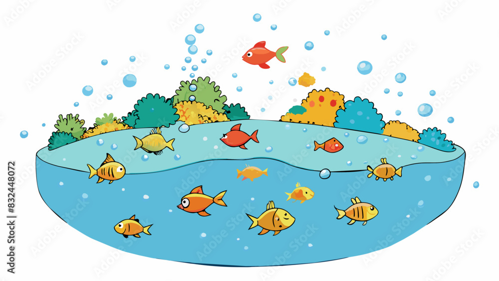 Poster In a still and tranquil ocean small bubbles begin to form slowly growing in size until they burst and release tiny speckled creatures swimming in. Cartoon Vector.