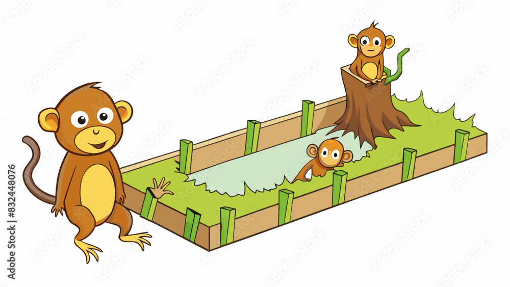 Poster In a zoo an enclosure for monkeys has a hole in the fence allowing the monkeys to escape and roam freely. The fences exception is the accidental. Cartoon Vector.