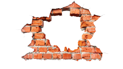 Hole breaking through a red brick wall