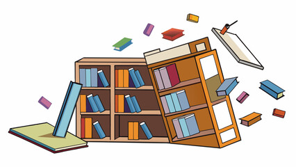In a school library a shelf that holds books suddenly collapses sending books flying across the room. The shelfs exception is its weak structure. Cartoon Vector.