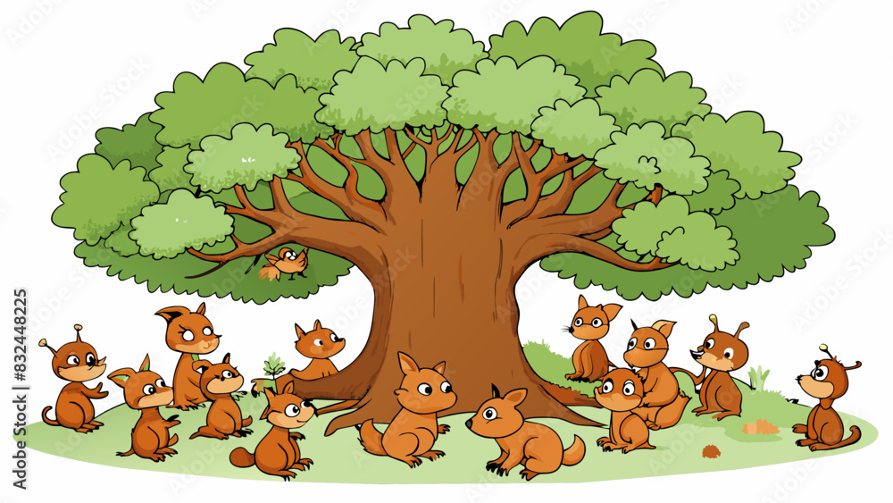 Poster in the center of the forest a large group of squirrels were gathered chattering and scampering aroun