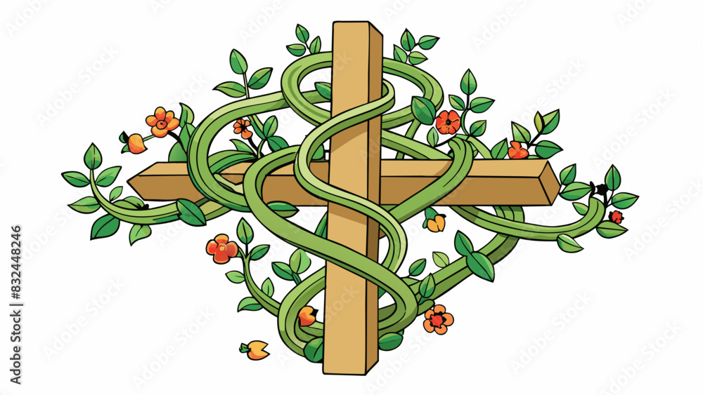 Aufkleber in the center of a peaceful garden a cross made of twisted vines and branches sits a blooming flower