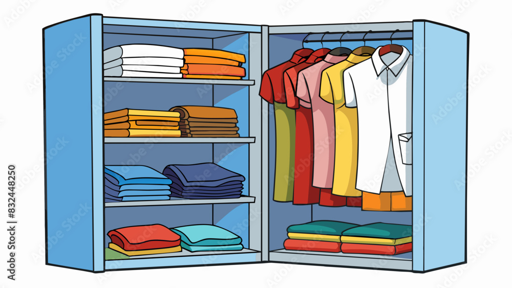 Aufkleber in the closet there are stacks of neatly folded clothes arranged by color and type. the shirts are a