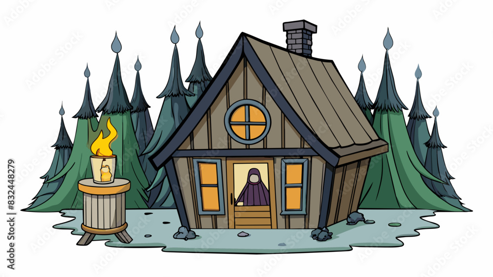 Poster in the depths of the forest a dilapidated cabin looms in the darkness. the windows are boarded up bu