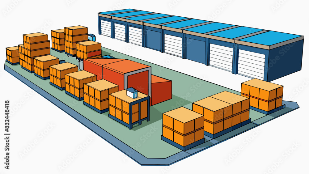 Poster inside the port there are rows of warehouses and storage facilities where goods are stored before be