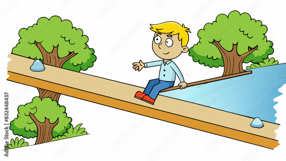 Poster john struggled to balance on the latter a narrow plank of wood suspended between two trees. he caref