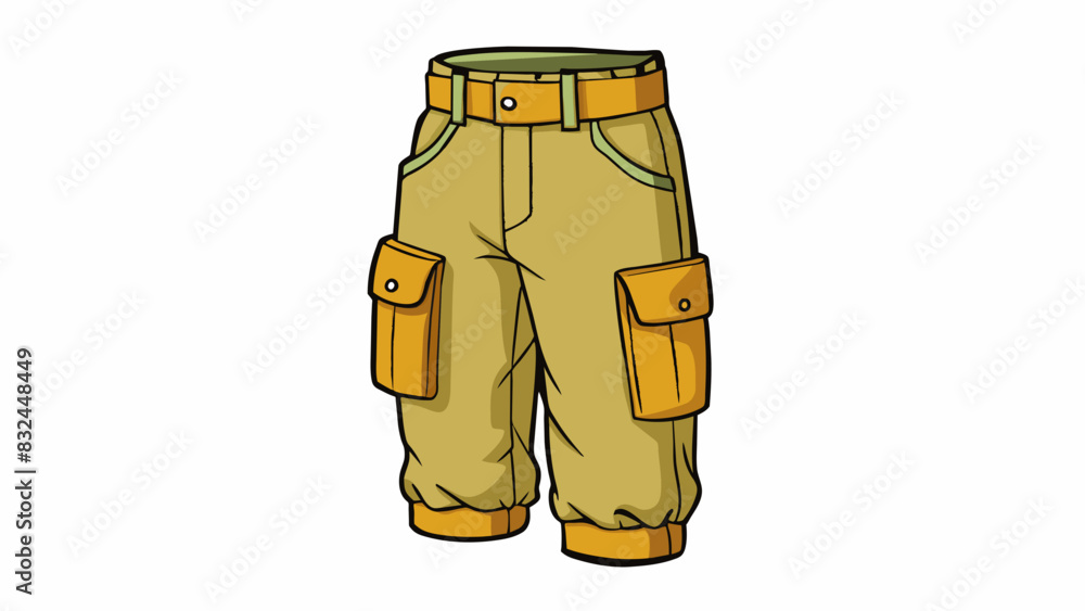 Poster Khaki cargo pants with a relaxed fit and multiple pockets on the sides. They have a button and drawstring closure and are made from sy cotton fabric.. Cartoon Vector.