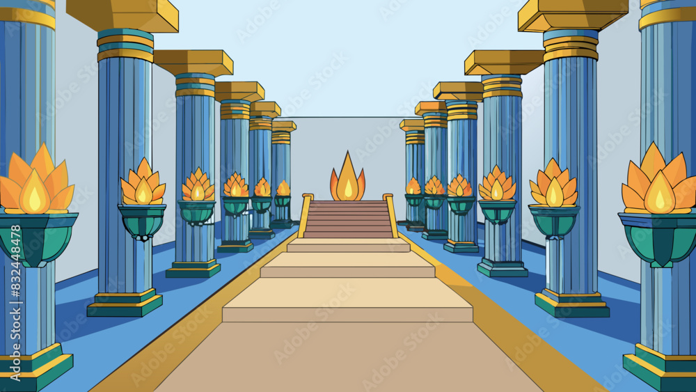 Poster inside the temple rows of tall pillars with lotus flower shaped tops lined the walls creating a gran