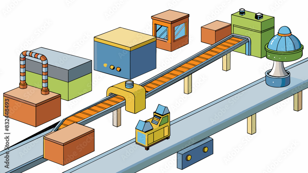 Poster Inside the factory long conveyor belts run through the space transporting small objects from one end to the other. Each belt is equipped with robotic. Cartoon Vector.