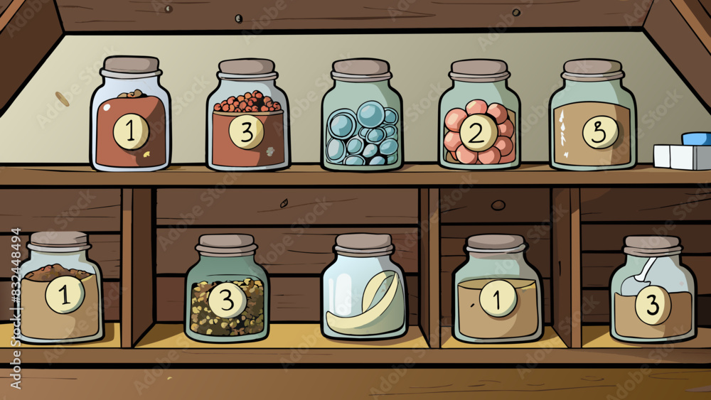 Poster In the old attic thirteen dusty glass jars are propped up on a shelf. Each jar is labeled with a number and contains mysterious objects such as an old. Cartoon Vector.