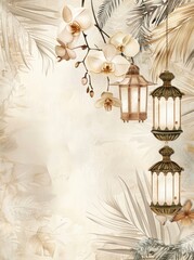 watercolor painting of lanterns and palm leaves with orchid flowers on beige vintage background