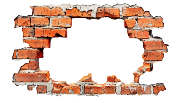 Hole breaking through a red brick wall