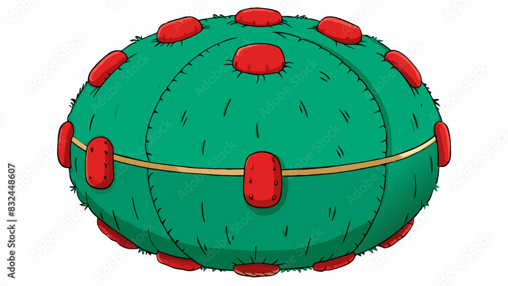 Aufkleber Next is a large round object with a fluffy velvety exterior. The outer surface has a mix of deep greens browns and splashes of bright red. When. Cartoon Vector.