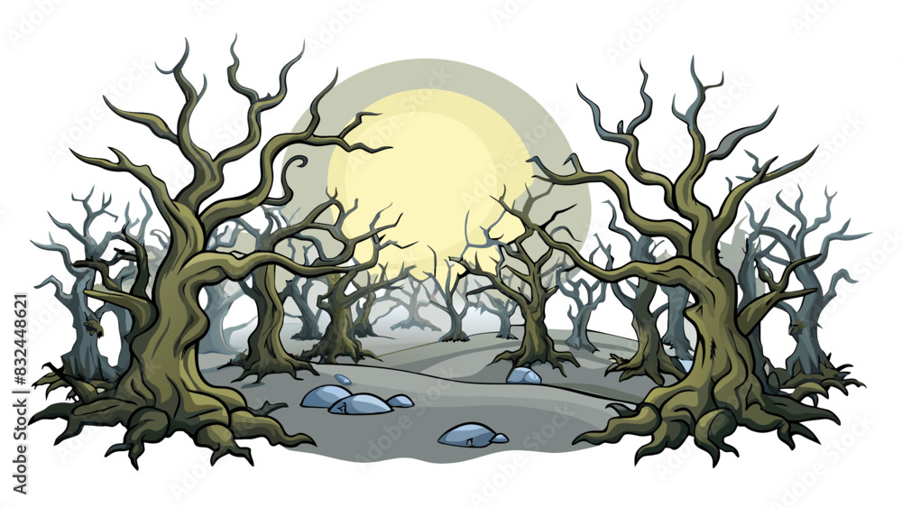Poster Mysterious and Eerie A foggy forest with twisted gnarled trees and a full moon casting an eerie glow through the mist.. Cartoon Vector.