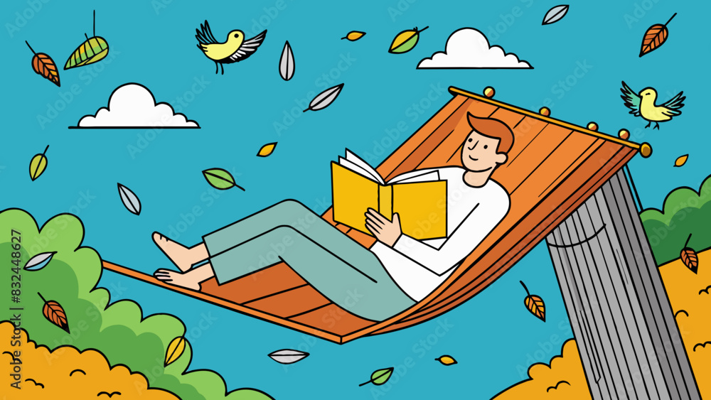 Poster lying in a hammock balancing a thick hardcover book on the readers chest as they gaze up at the leav