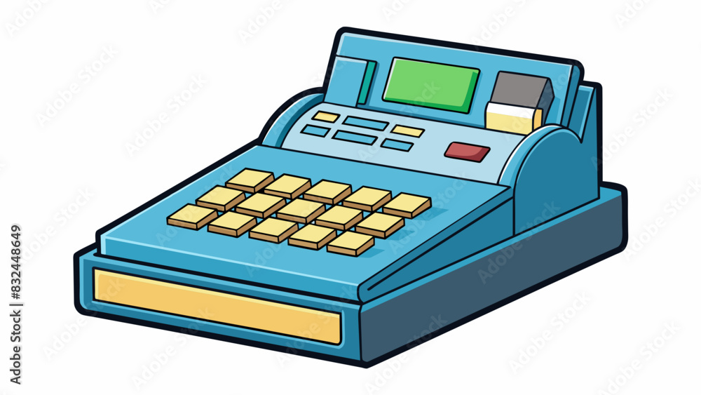 Poster Next is a simple cash register consisting of only a cash drawer and a receipt printer. Its compact size and lightweight make it ideal for small. Cartoon Vector.