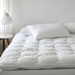 Elegant Bedroom Interior with Plush White Bedding and Designer Lamp