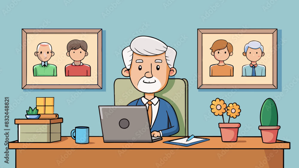 Wall mural Our next employer is an elderly man with a kind and gentle demeanor. He sits behind a large wooden desk decorated with family photos and a potted. Cartoon Vector.