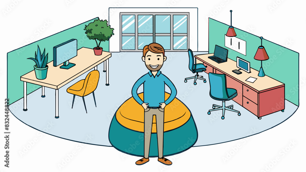 Aufkleber our second employer is a young man in his early thirties with a casual and approachable appearance. 