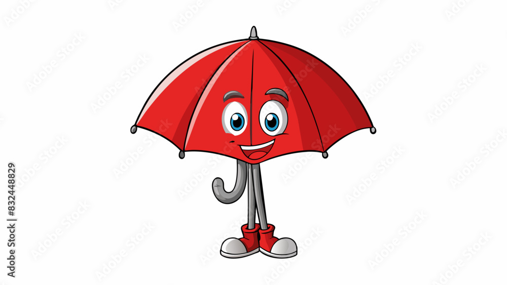 Poster bright red umbrella with a sy metal handle and a large canopy that offers protection from the rain. 
