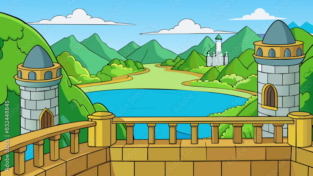 Poster peering out at the horizon from the broad balcony of the old castle one can see for miles in every d